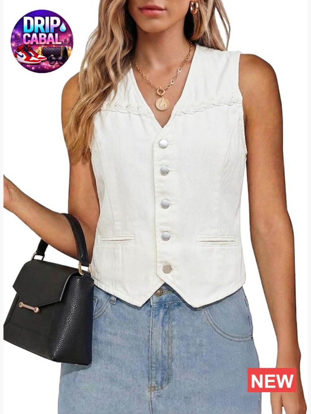 Sleeveless Denim Vest with Adjustable Waist and Braided Trim